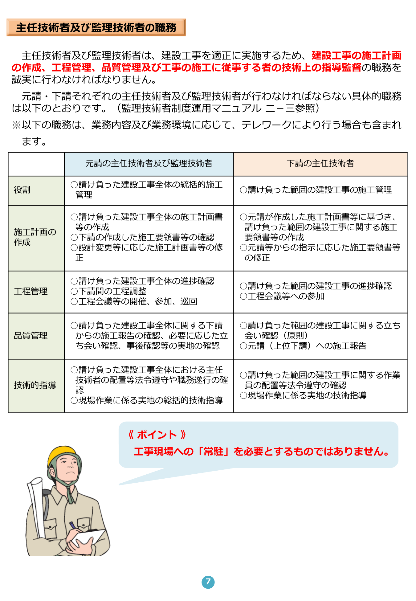 主任技術者および監理技術者の職務比較（国土交通省 中部地方整備局）