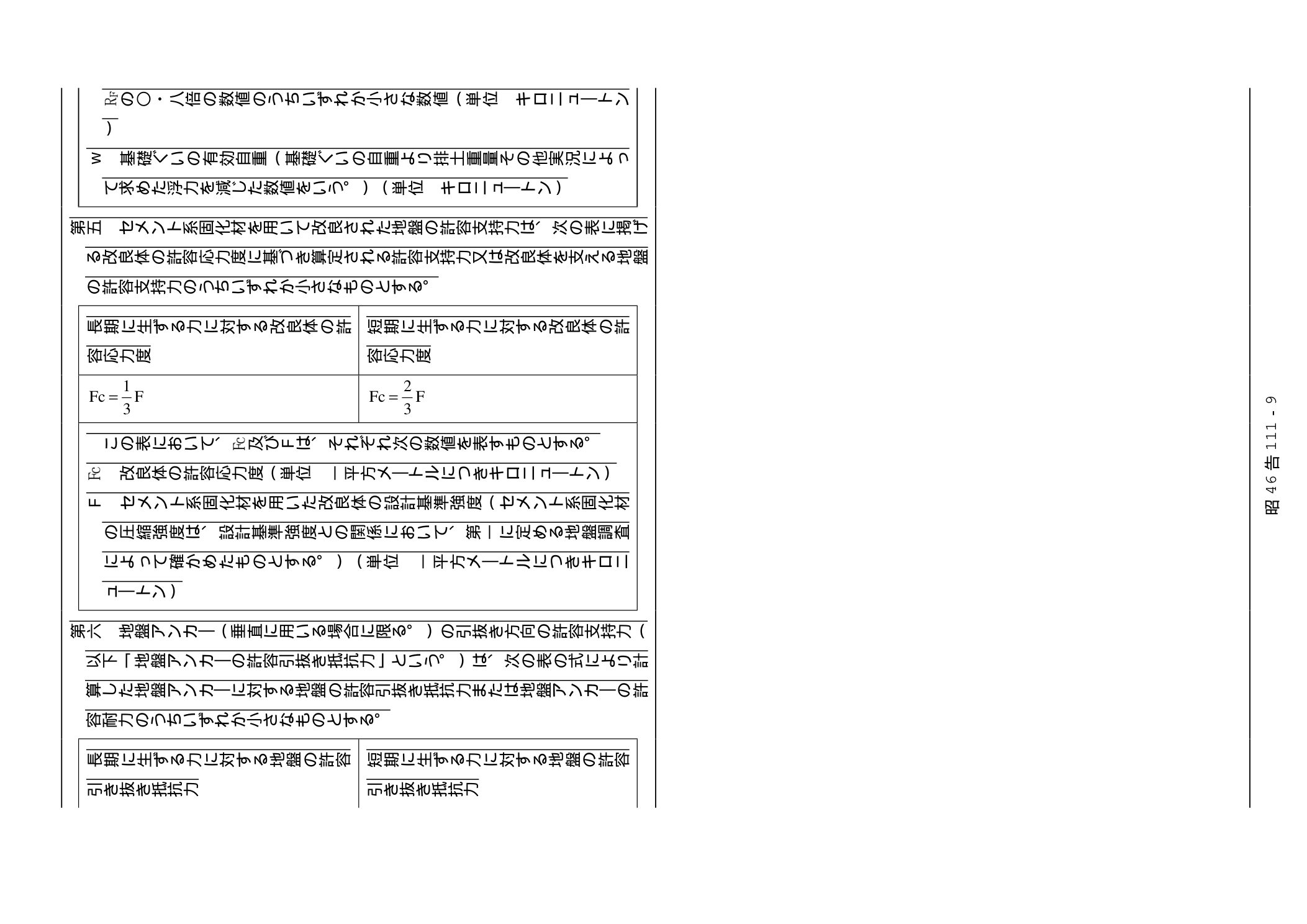 昭和46年建設省告示第111号 第五 セメント系固化材による改良体の許容応力度（SMW工法のソイルセメント柱列壁品質基準）