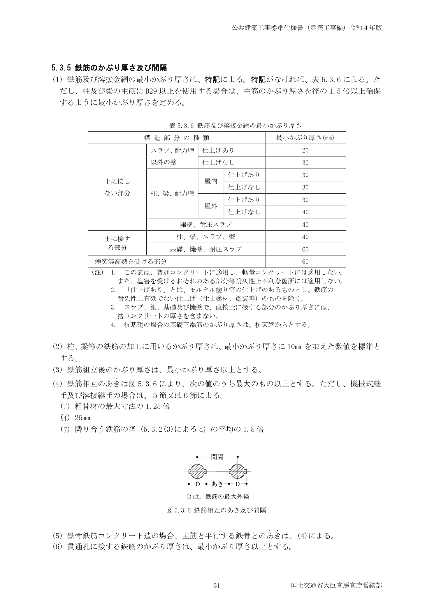 公共建築工事標準仕様書 5.3.5鉄筋のかぶり厚さ及び間隔 表5.3.6最小かぶり厚さ