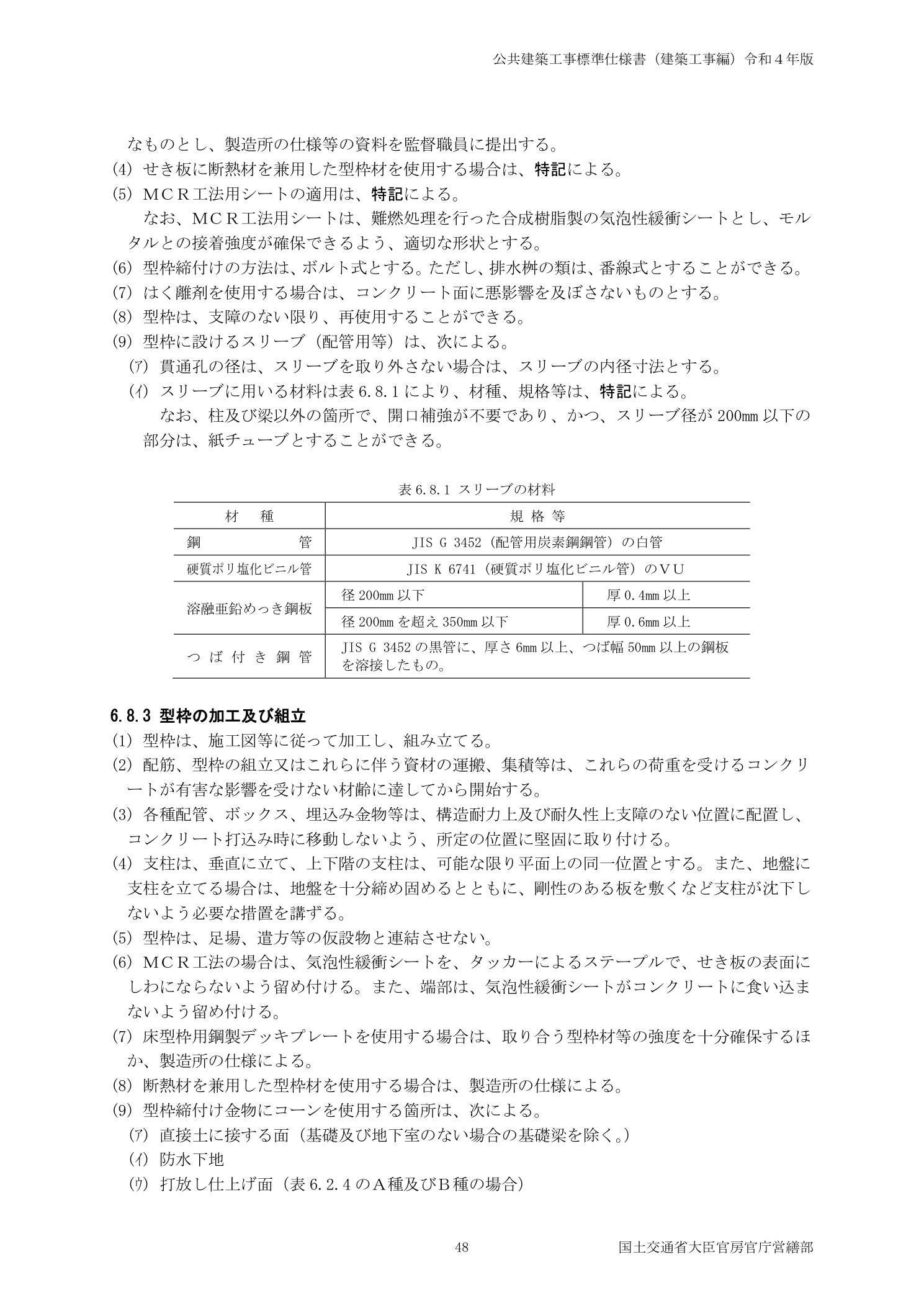 公共建築工事標準仕様書 表6.8.1スリーブの材料 梁への紙チューブ使用禁止規定